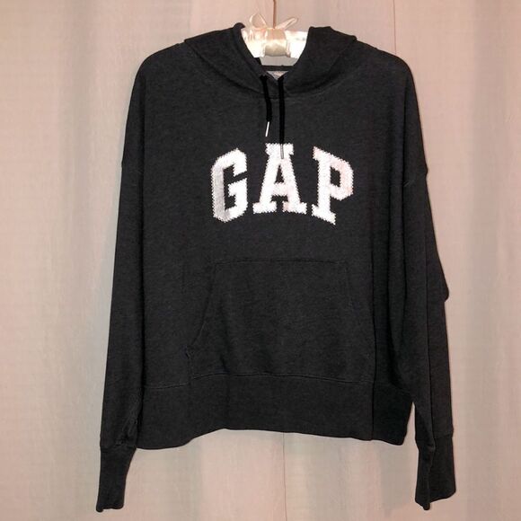 GAP L Slouchy Oversized Charcoal Gray Hoodie with Metallic Jeweled Logo - Picture 1 of 11